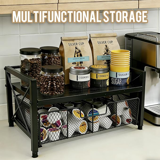 Tea Bag Organizer With Adjustable Drawer, Teabag Bar Holder Organizer For Counter, Wood & Metal Station Storage Chest Display, Coffee Packet Containers Box For Countertop Kitchen Office Black