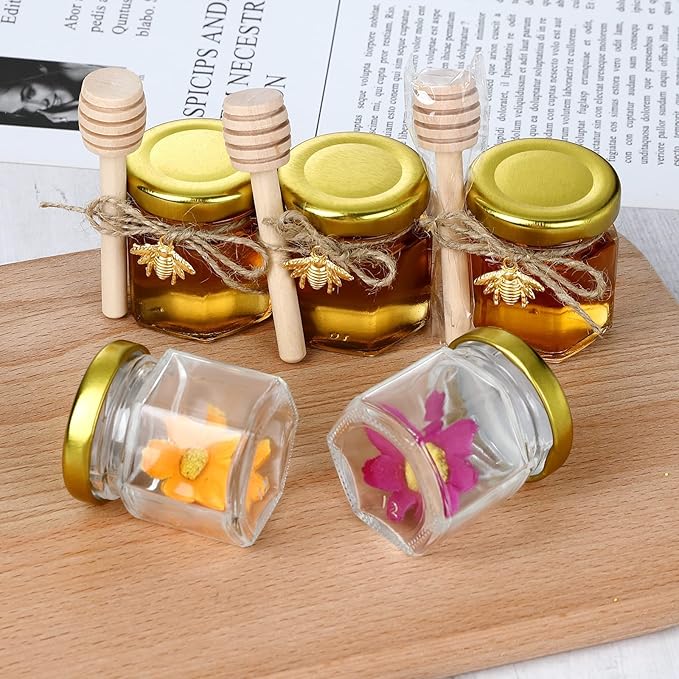 XING-RUIYANG 1.5 oz Hexagon Mini Glass Honey Jars -30Pack Honey Jars with Wood Dipper, Gold Lid, Bee Pendants, Jutes - Perfect for Baby Shower, Wedding Favors, Party Favors