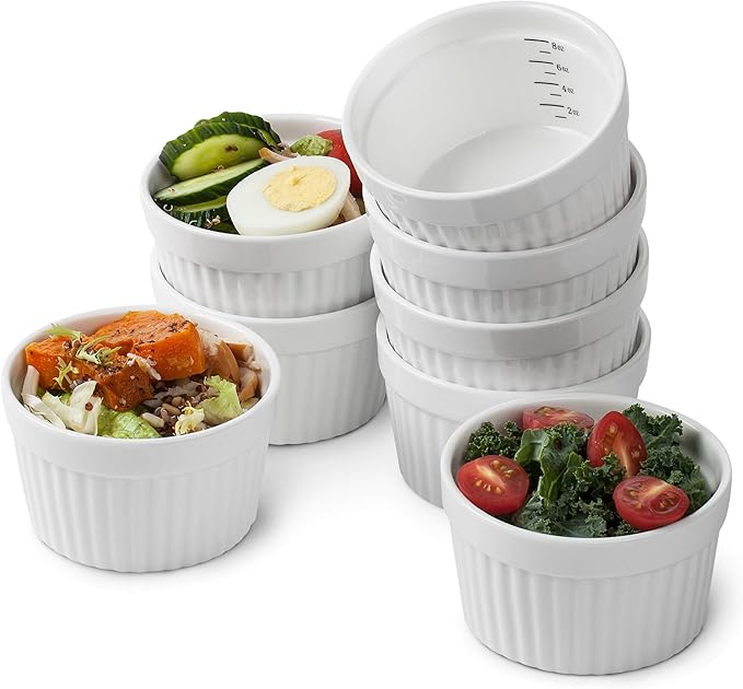 BTaT- Ramekins, 8 oz, Set of 8, Ramekins for Baking, Ramekin with Measurement Markings, Creme Brulee Dishes, Souffle Cups, Custard Cups, Ceramic Bakeware, Souffle Dish, Small Ceramic Bowl