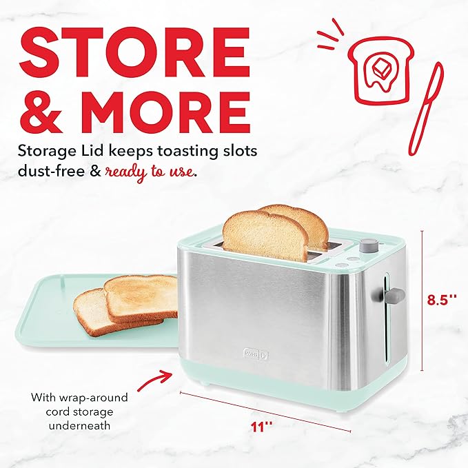 Dash SmartStore® 2-Slice Toaster - Five-Browning Levels, Extra-Wide Slots & Compact Size - Included Storage Lid - 1-Touch Bagel & 15-Second Functions - Aqua