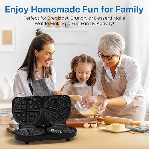 Double Belgian Waffle Maker with 2 Adjustable Temp Knobs, Electric Waffle Machine with Indicator Light, Nonstick Heart Waffle & Classic Waffle Iron, Breakfast Maker, Easy to Clean, Silver