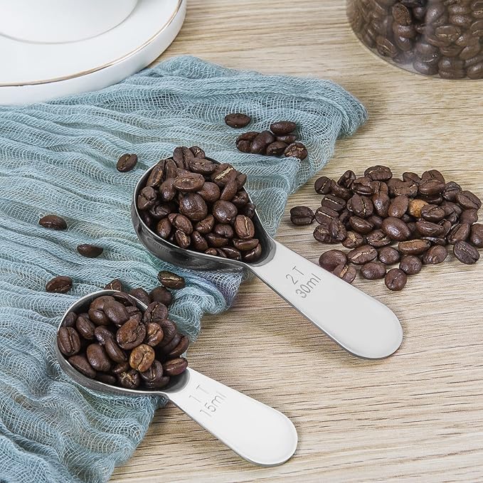 Safring Stainless steel coffee scoop 2-piece set (1 tbsp, 2 tbsp) durable Tablespoon, ergonomic measuring spoon, Suitable for small and large jars,short-handled spoon (Silver)