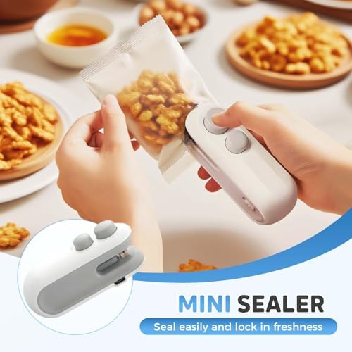 2-in-1 Mini Bag Sealer with Cutter & Magnet, Rechargeable Portable Resealer for Snack Bags, Heat Seal Food Storage, 2pcs White Handheld Sealing Machine