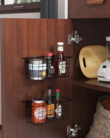 MaraFansie Hanging Kitchen Baskets Wire Storage Basket Adhesive and Screws Basket Over the Cabinet Door Organizer with Adhesive Strips and Screws Accessories, 2 Pack, Black