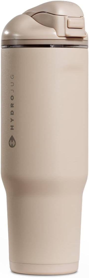 HydroJug Ease2o Water Bottle with Straw & Chug Lid, Stainless Steel, Vented Cap to Help Reduce Pressure, Water-Level Window, Cup Holder Friendly, Non-Slip Base – 32oz, Dune
