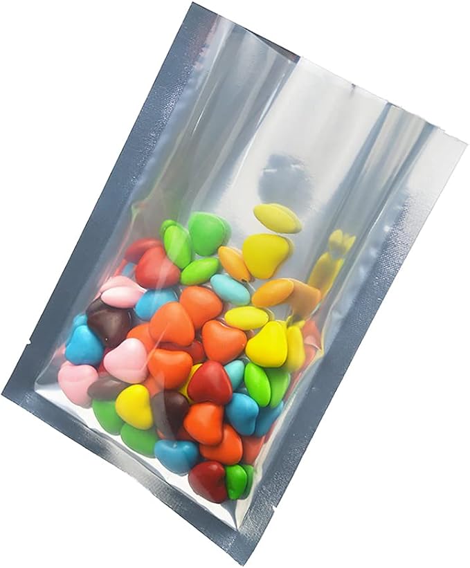 Silver Aluminum Foil Pouch Heat Seal Front Window Plastic Mini Open Top Flat Vacuum Packaging Mylar Bag Food Small Sample Mylar Storage with Tear Notch (200, 12x17cm (4.7x6.7 inch))