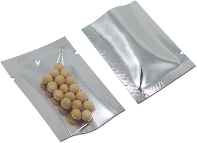 Silver Aluminum Foil Pouch Heat Seal Front Window Plastic Mini Open Top Flat Vacuum Packaging Mylar Bag Food Small Sample Mylar Storage with Tear Notch (500, 10x15cm(3.9x5.9 inch))
