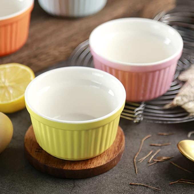 Ramekins 6oz Oven Safe,Creme Brulee Ramekin and Souffle Dishes,Porcelain Baking Bowls,Dipping Sauce Dish.Pudding Cups,Set of 6,Pink