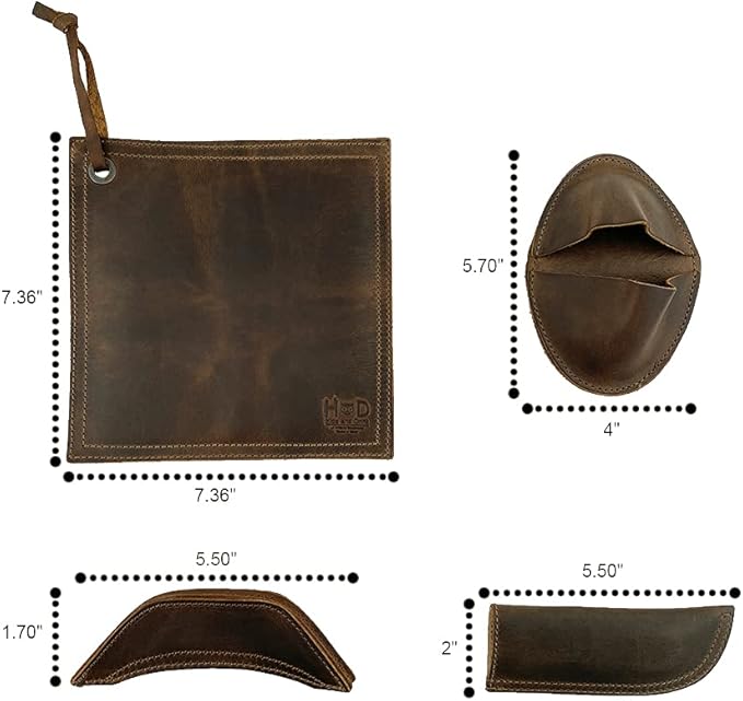 Hide & Drink, Set of 4 Hot Handle Holders, Panhandle, Side Kick, Grip Mitt & Square Pot Holder for Cast Iron Skillets & Pans, Full Grain Leather, Handmade, Bourbon Brown