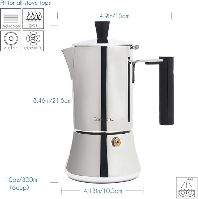 Easyworkz Pedro Stovetop Espresso Maker 6Cup 300ml, Bundled Espresso Steaming Pitcher Stainless Steel 15 oz Coffee Frothing Picther Milk Jug Cappuccino Latte Art Cup
