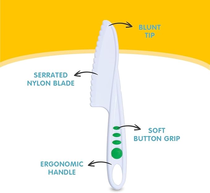Curious Chef Kid Safe Kitchen Knife Set - 3-Piece Nylon Knives for Kids, White & Green, Ages 4+ - Non-Scratch Tools for Nonstick Pans & Kitchen Tool Set