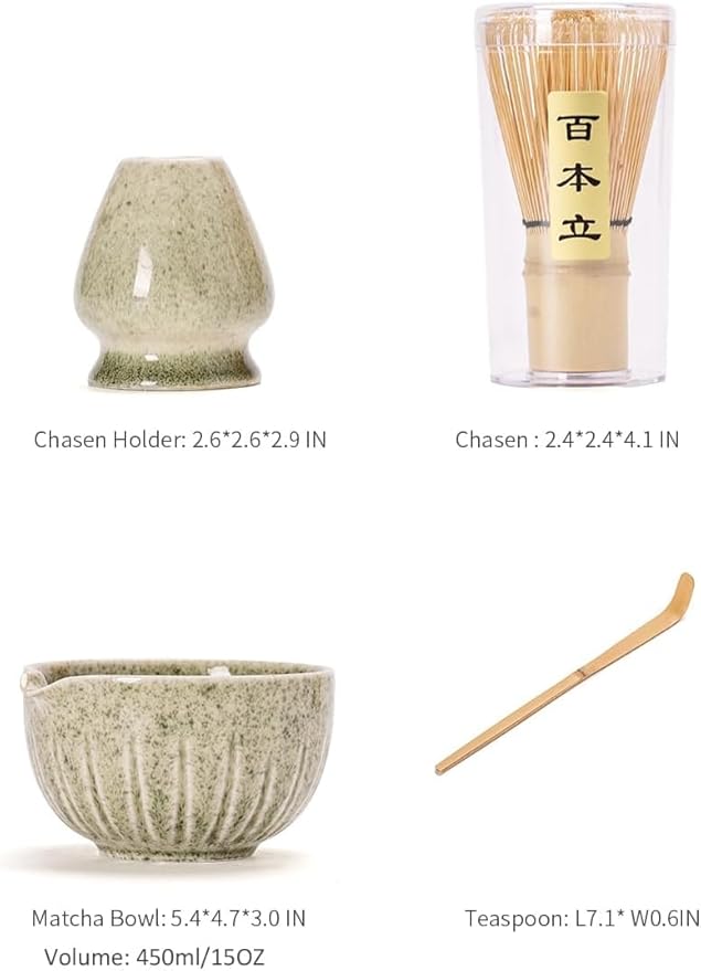 TANG PIN Matcha Set - Match Bowl and Whisk, 15 OZ, Matcha Scoop | Matcha Whisk Stand (Chasen Holder) - 5pc Perfect Matcha Kit for Matcha Tea Ceremony (Mottled Green)