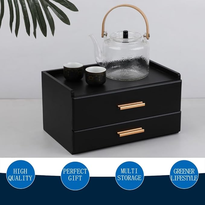 Tea Organizers and Storage Box with Drawer Tea Station organizer for Countertop with 8 Compartments Pine Wood Tea Bag Organizer with Drawer Teabag Holder with 4 Cotton Woven Coasters（Black02）