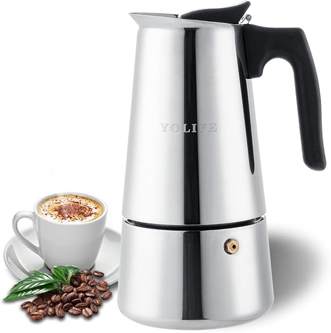 YOLIFE Stovetop Espresso Maker, Small Italian Moka Pot, Cafe Maker for Coffee, Cappuccino and Latte, Stainless Steel, 450 ml / 16 oz/ 9 Espresso Cups (per cup= 50 ml)