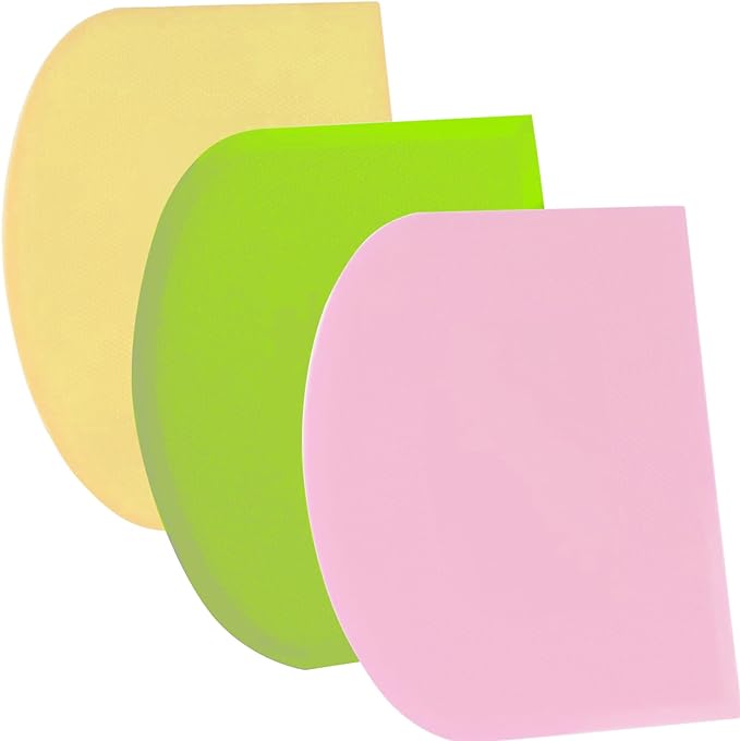 SURDOCA Dough Scraper Bench Scraper - 3P 9.5x6.1" Plastic Flexible Bowl Scraper, Sharp Edge & Angles Cake Scraper. Non-Slip Bakeware Decorating Tools Sculpting & Modeling Tools - Green+Pink+Yellow
