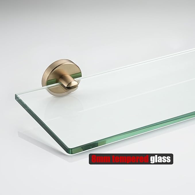 JQK Bathroom Glass Shelf, Tempered Glass Shower Storage 24 by 5 inches, 304 Stainless Steel Champagne Bronze Wall Mount, TGS101L24-CB
