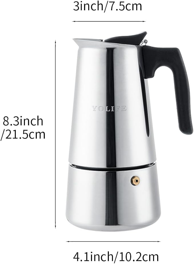 YOLIFE Stovetop Espresso Maker, Small Italian Moka Pot, Cafe Maker for Coffee, Cappuccino and Latte, Stainless Steel, 450 ml / 16 oz/ 9 Espresso Cups (per cup= 50 ml)
