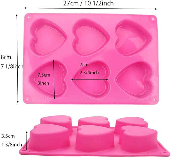 BAKER DEPOT 6 Holes Heart Shaped Silicone Mold For Chocolate Cake Jelly Pudding Handmade Soap Mould Candy Making Set of 2