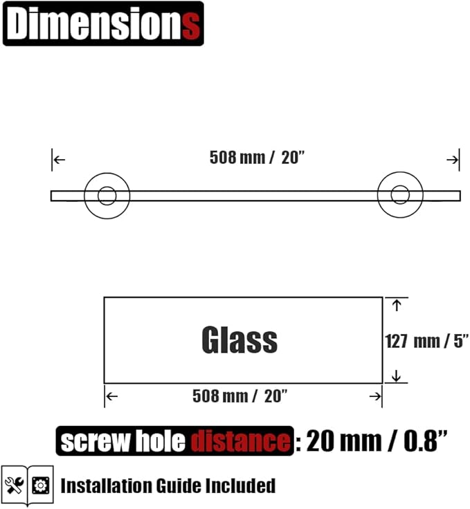 JQK Bathroom Glass Shelf, Tempered Glass Shower Storage 20 by 5 inches, 304 Stainless Steel Brushed Finish Wall Mount, 2 Pack, TGS101L20-BN-P2
