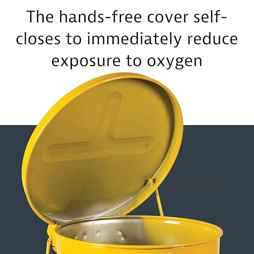 Justrite 21 Gallon Galvanized Steel Oily Waste Can, 23.5" x 18" Metal Oil Rag Safety Can with Foot Operated Self-Closing Lid for Oil Rag Disposal, Made in The USA, Yellow, 09701