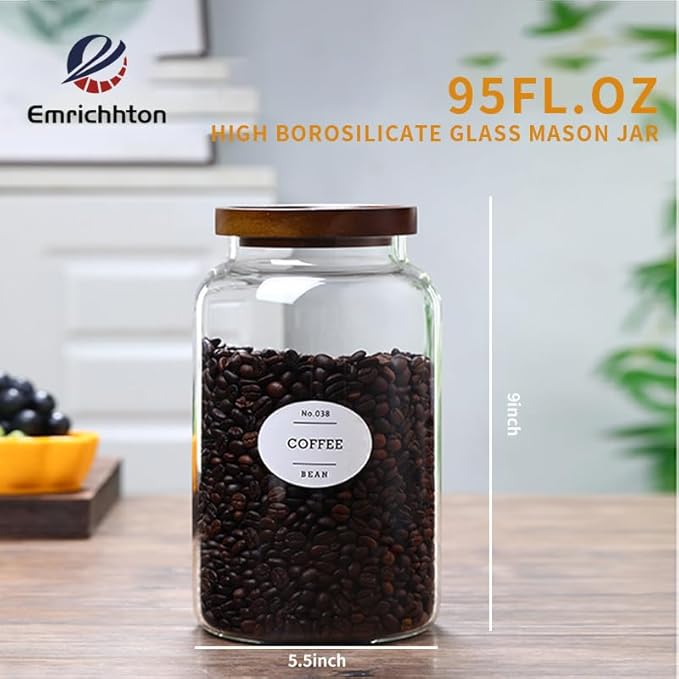 2-pack 3/4 gallon glass storage container with Acacia Wood Lids and glass spoon, Sealable Waterproof, Large Tall Glass Jar,Glass food storage Jars Set for Coffee bean, Nut, Candy, Cereal, Flour，sugar