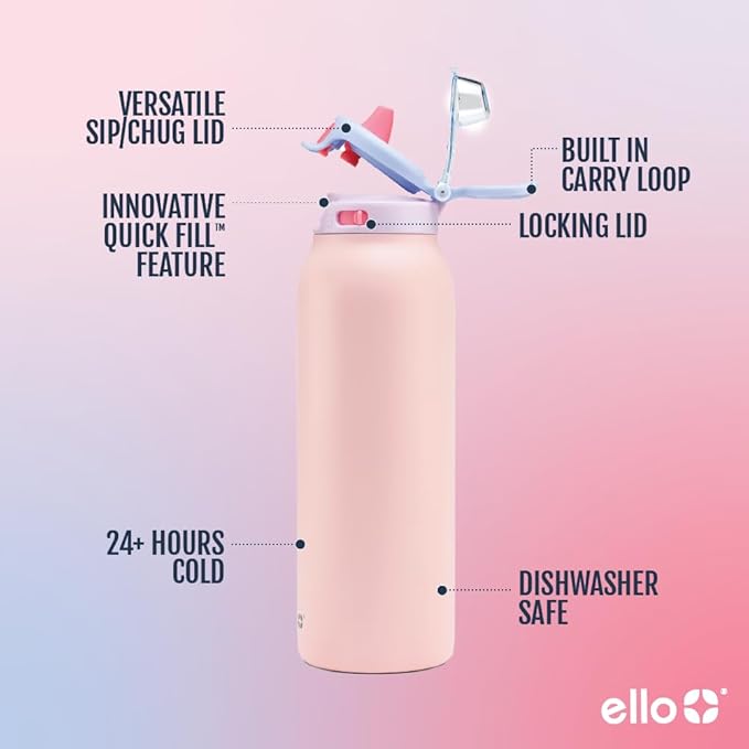 Ello Pop & Fill 32oz Stainless Steel Water Bottle with Quick Fill Technology, Double Walled and Vacuum Insulated Metal, Leak Proof Locking Lid, Sip and Chug, Reusable, BPA Free, Heavenly Hues