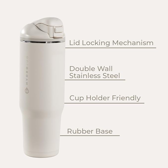 HydroJug Ease2o Water Bottle with Straw & Chug Lid, Stainless Steel, Vented Cap to Help Reduce Pressure, Water-Level Window, Cup Holder Friendly, Non-Slip Base – 40oz, Linen
