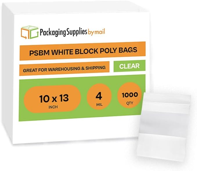 PSBM 1000 Count 4 Mil 10 Inch x 13 Inch, White Block Reclosable Poly Bags, With Write-On Block, Clear Zip Plastic Bag, Lock Seal Zipper For Packing, Storing, Organizing & Shipping Products