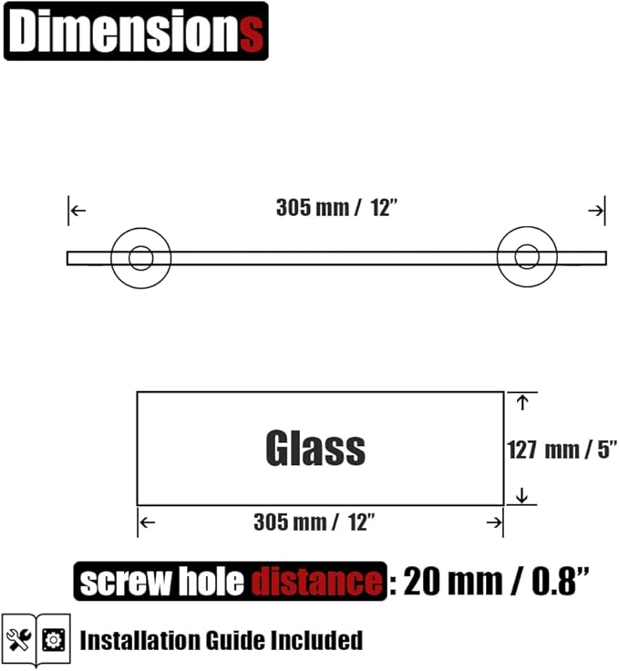 JQK Bathroom Glass Shelf Brushed, Tempered Glass Shower Storage 12 by 5 inches, 304 Stainless Steel Brushed Steel Wall Mount 2 Pack, TGS101L12-BN-P2