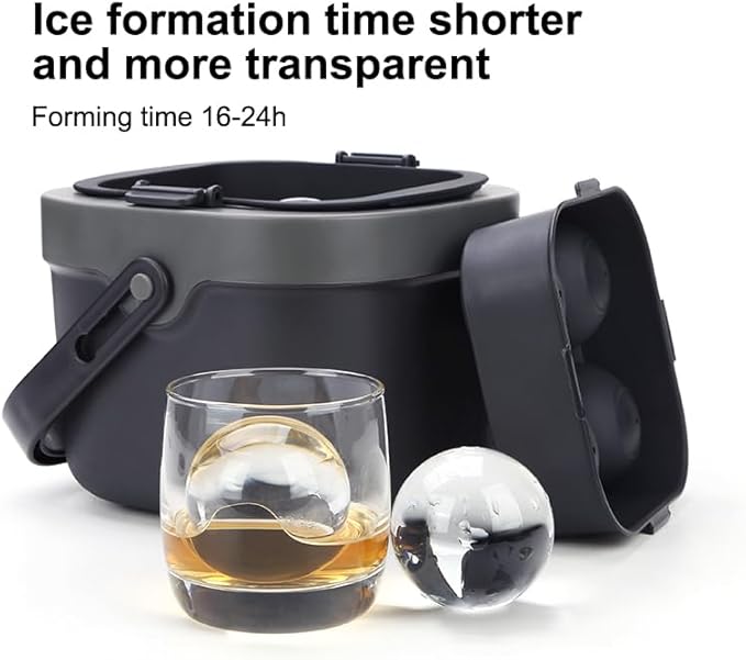 Crystal Clear Ice Ball Maker Mold, 4 Large 2.4" Premium Clear Ice Cube Trays Sphere Mold, 2-in-1 Silicone Ice Round Molds 2L Ice Bucket Icecan for Whiskey, Cocktails, Brandy, Bourbon, Idea Gifts