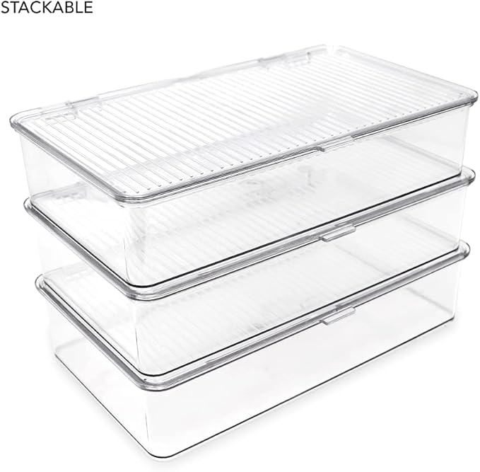 Isaac Jacobs Small Stackable Organizer Bin (10.75” x 6.5” x 2.4”) w Hinged Lid Clear Storage Box Home Office School Fridge Bathroom Kitchen Pantry Container BPAFree Food Safe (Small Clear) (Pack of 2)