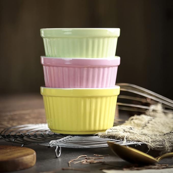 Ramekins 6oz Oven Safe,Creme Brulee Ramekin and Souffle Dishes,Porcelain Baking Bowls,Dipping Sauce Dish.Pudding Cups,Set of 6,Pink