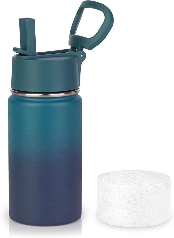 Volhoply 14oz KIds Stainless Steel Insulated Leakproof Bottles Water Bottle with Straw Lid and Silicone Boot,BPA-Free Easy Use for Boys&Girls,Double Wall Vacuum Bottles(Dark Night,1)