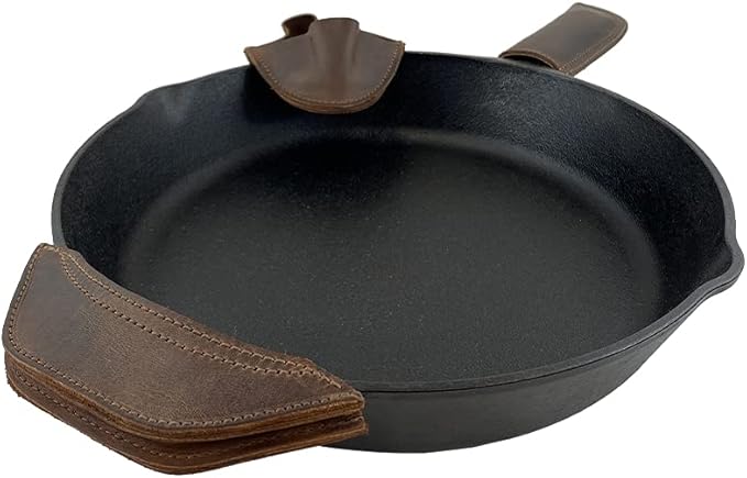 Hide & Drink, Set of 3 Rustic Hot Handle Holders, Panhandle, Side Kick & Grip Mitt, Assist Grip for Cast Iron Skillets & Pans, Full Grain Leather, Handmade, Bourbon Brown