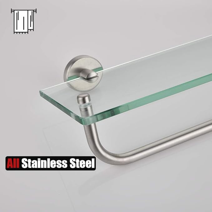 JQK Bathroom Glass Shelf, Shelf with 15 Inch Towel Bar Tempered Glass Shower Storage 16 by 5 inches, 304 Stainless Steel Brushed Finish Wall Mount, TGS100-BN