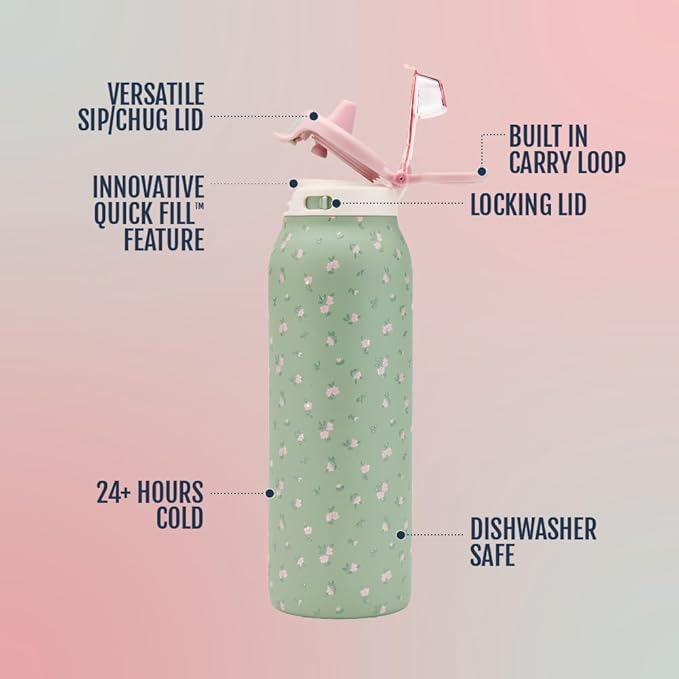 Ello Pop & Fill 32oz Stainless Steel Water Bottle with QuickFill Technology, Double Walled and Vacuum Insulated Metal, Leak Proof Locking Lid, Straw and Chug, Reusable, BPA Free, Full Bloom