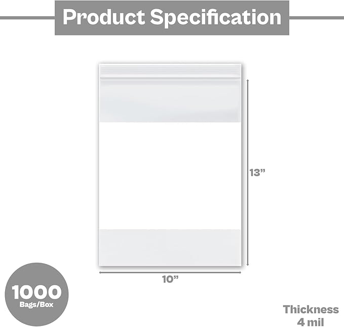 PSBM 1000 Count 4 Mil 10 Inch x 13 Inch, White Block Reclosable Poly Bags, With Write-On Block, Clear Zip Plastic Bag, Lock Seal Zipper For Packing, Storing, Organizing & Shipping Products