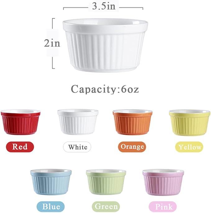 Ramekins 6oz Oven Safe,Creme Brulee Ramekin and Souffle Dishes,Porcelain Baking Bowls,Dipping Sauce Dish.Pudding Cups,Set of 6,Pink