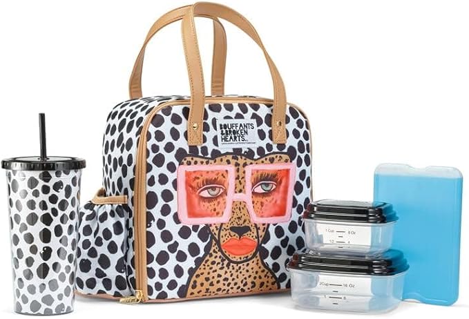 Fit & Fresh Lunch Bag For Women, Insulated Womens Lunch Bag For Work, Leakproof & Stain-Resistant Large Lunch Box For Women With Containers, Tumbler and Ice Pack, Zipper Closure Glam Cat