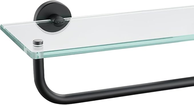 JQK Bathroom Glass Shelf, Shelf with 19 Inch Towel Bar Tempered Glass Shower Storage 20 by 5 inches, 304 Stainless Steel Matte Black Wall Mount, TGS100L20-PB