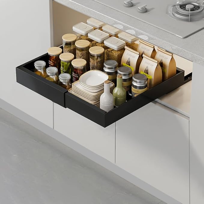 SunnyPoint Pull-Out Cabinet Organizer Expandable Drawer Shelf (BLACK)