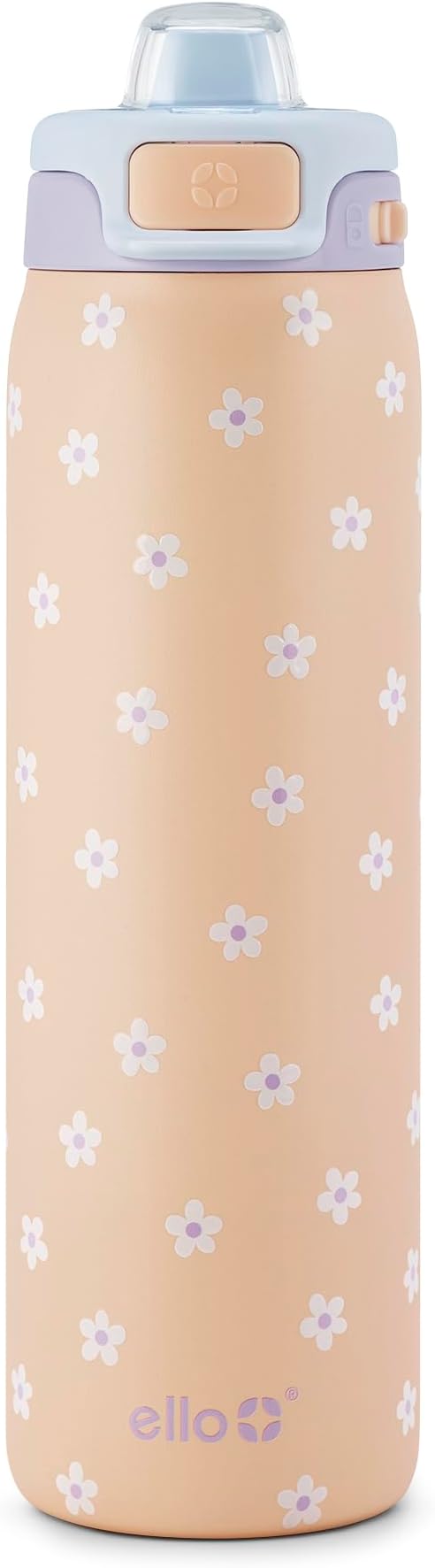 Ello Pop & Fill 22oz Stainless Steel Water Bottle with Quick Fill Technology, Double Walled and Vacuum Insulated Metal, Leak Proof Locking Lid, Sip and Chug, Reusable, BPA Free, Gloss Daisies