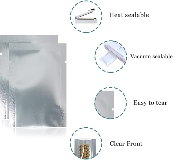 Silver Aluminum Foil Pouch Heat Seal Front Window Plastic Mini Open Top Flat Vacuum Packaging Mylar Bag Food Small Sample Mylar Storage with Tear Notch (200, 14x20cm(5.5x7.9 inch))
