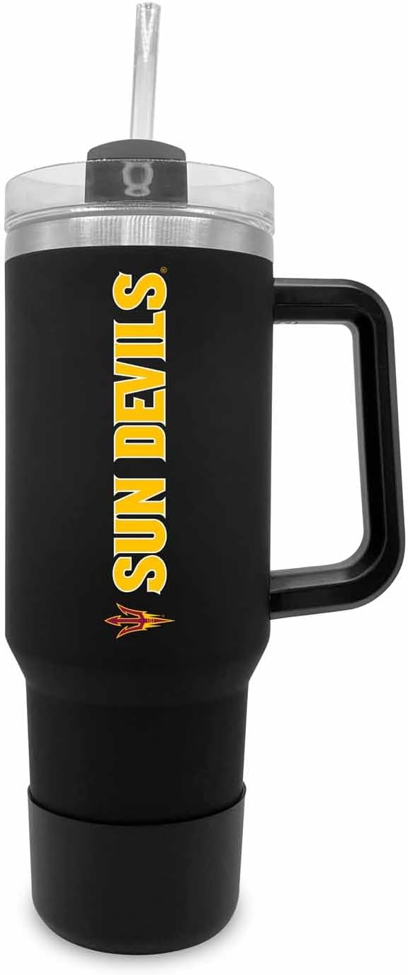 Campus Colors College & University 40 oz Travel Tumbler With Handle - Dual Option Lid With Straw - Vacuum Insulated Stainless Steel (Arizona State Sun Devils - Black)