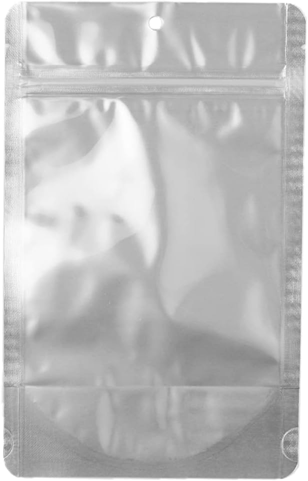 PackFreshUSA: 5 MIL Silver/Clear Stand Up Pouch Bags - Professional Flexible Packaging - Resealable - Seal-Top - Heat-Sealable - Hang Hole - Tear Notch -Large 6x9.5x3.5-100 Pack