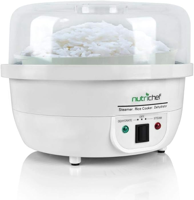 NutriChef Food Dehydrator Machine and Professional Electric Steamer, Cooker, Meat Preserver, Beef Jerky Maker, Fruit Dryer, Steams Rice and Vegetables with Stackable Trays in White - (PKFDSRC10WT)