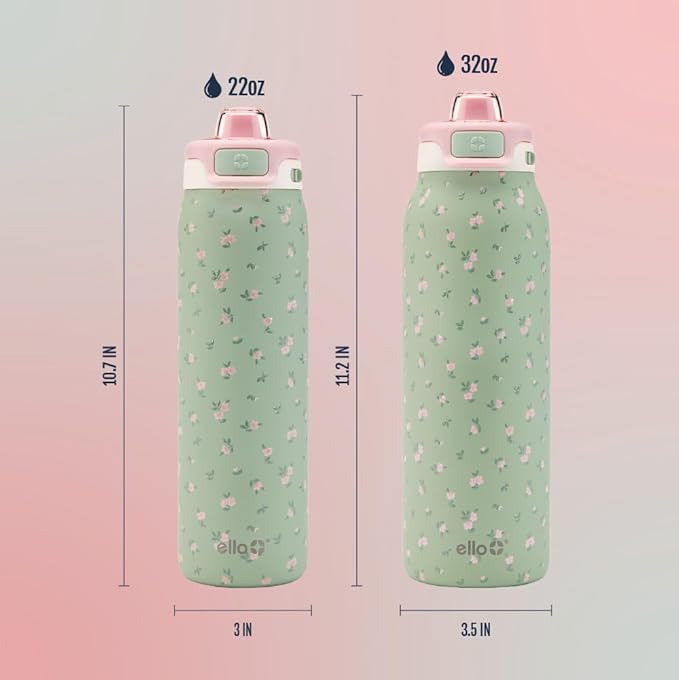 Ello Pop & Fill 32oz Stainless Steel Water Bottle with QuickFill Technology, Double Walled and Vacuum Insulated Metal, Leak Proof Locking Lid, Straw and Chug, Reusable, BPA Free, Full Bloom