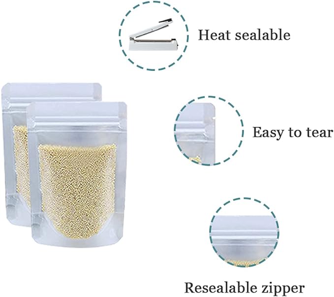 PABCK 100 Pack Resealable Stand Up Bags Matte Clear Zipper Lock Heat Seal Pouches with Tear Notch for Zip Food Storage Lock Packing 14x20cm (5.5x7.9 inch)