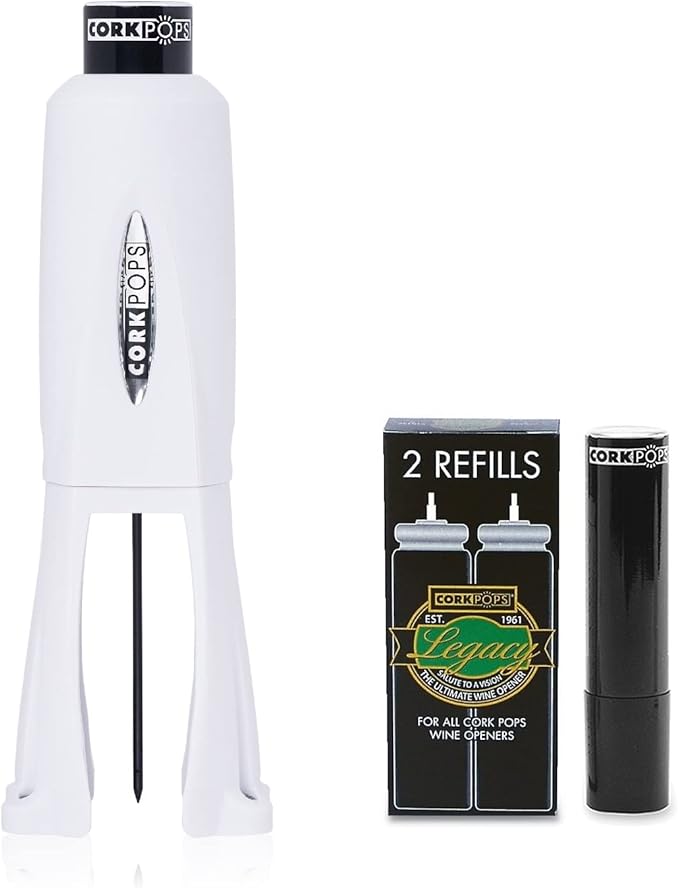 Cork Pops Legacy Wine Opener Built-in 4-Blade Foil Cutter Safe Cork Removal, Effortless Push Button Use, Needle Guard for Safety, Low-Pressure Cartridge Opens Up To 60 (White, With 3 Cartridges)