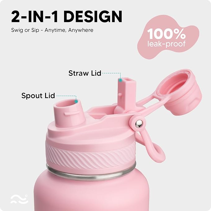 Swigina [2-IN-1 LID] Insulated Water Bottle with Silicone Boot (36hrs Cold/18hrs Hot) - DIY Stickers, Leakproof, BPA Free, 32 oz